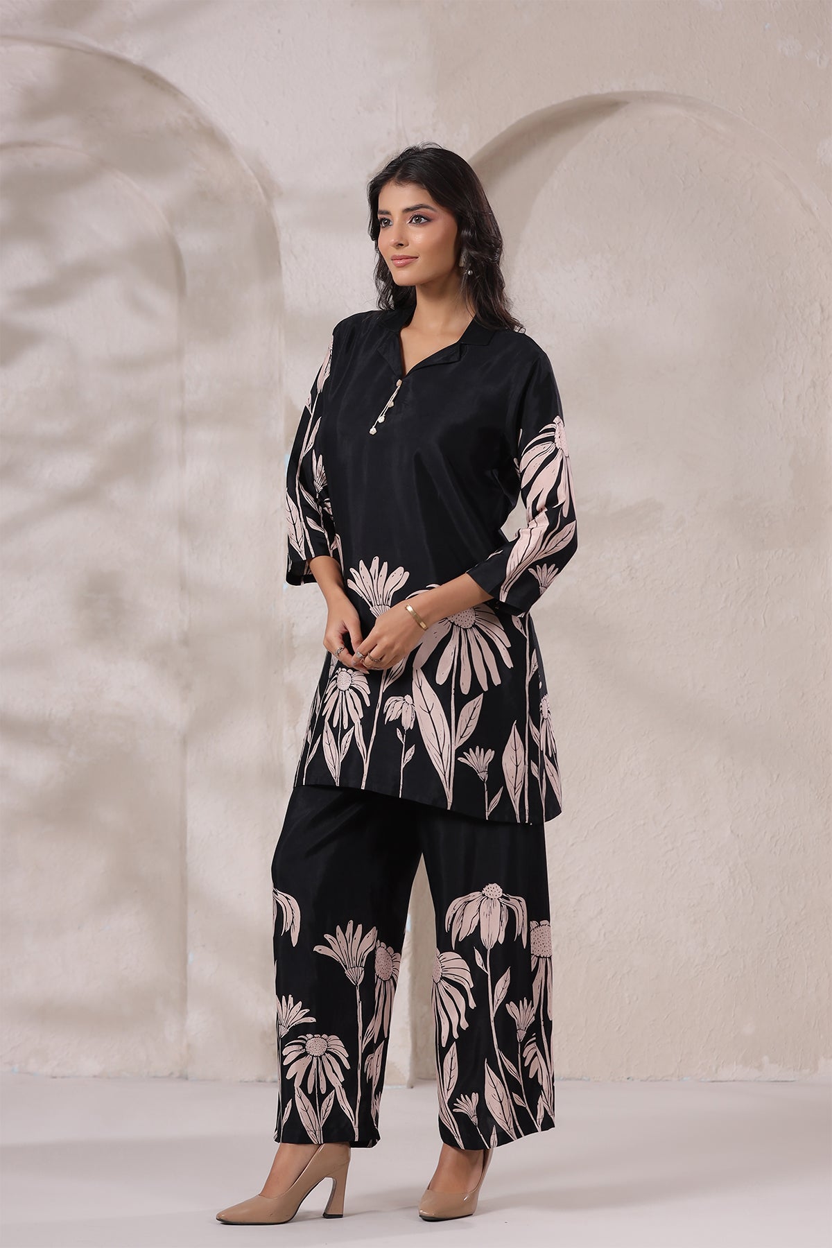 Black Floral Russian Silk Co-Ord Set