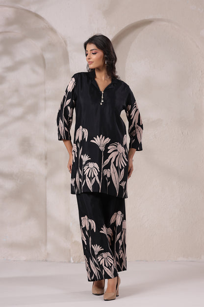 Black Floral Russian Silk Co-Ord Set
