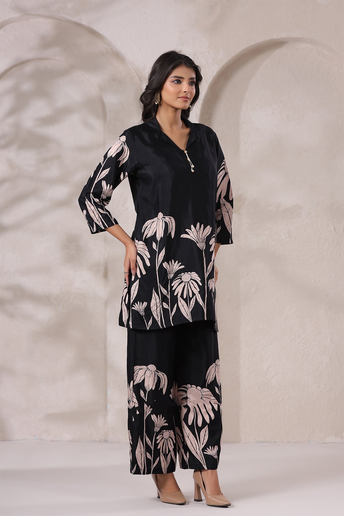 Black Floral Russian Silk Co-Ord Set