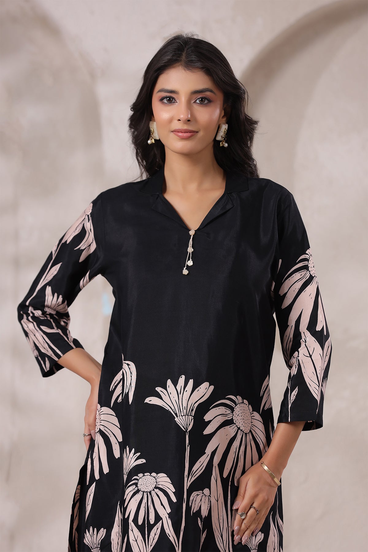 Black Floral Russian Silk Co-Ord Set