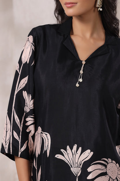 Black Floral Russian Silk Co-Ord Set