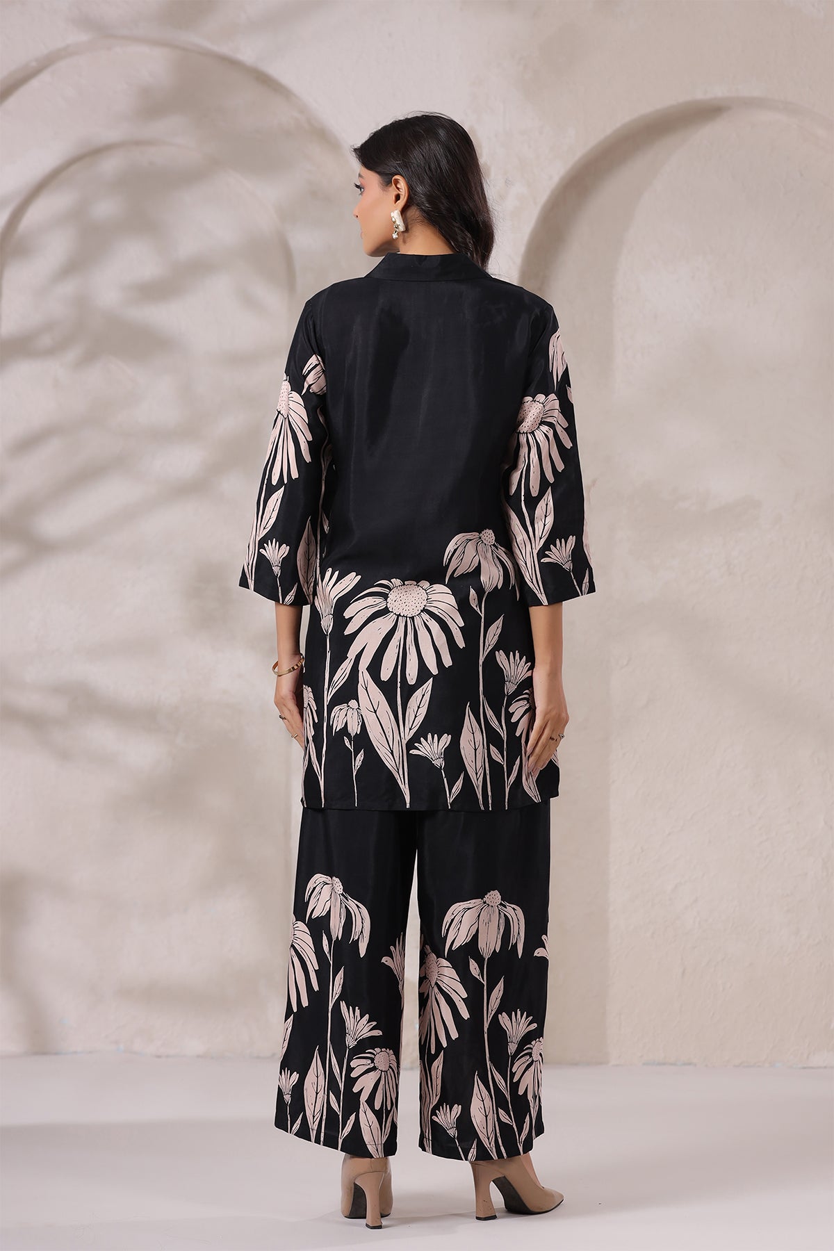 Black Floral Russian Silk Co-Ord Set