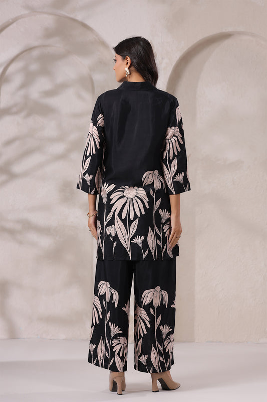 Black Floral Russian Silk Co-Ord Set