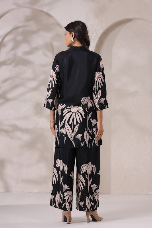 Black Floral Russian Silk Co-Ord Set