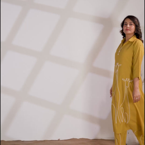 Yellow Printed Russian Silk Co-Ord Set for Women