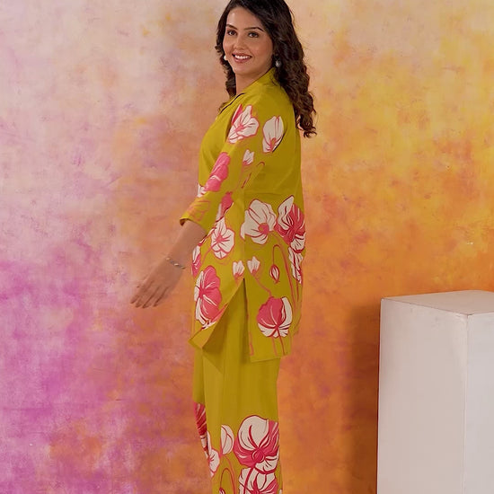 Yellow Printed Russian Silk Co-Ord Set for Women