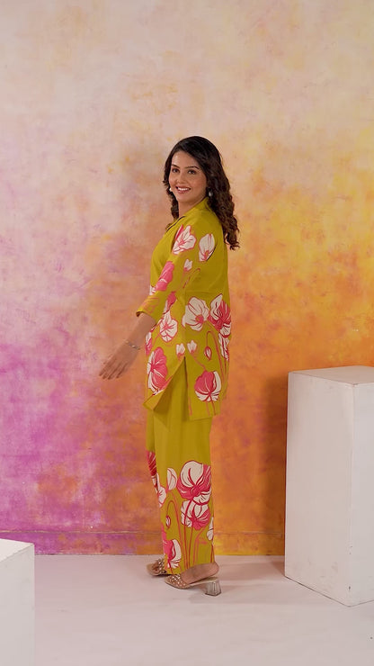 Yellow Printed Russian Silk Co-Ord Set for Women