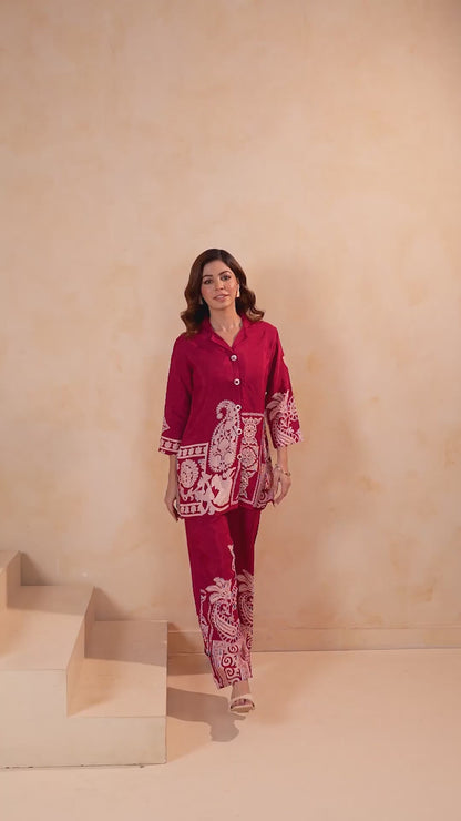 Maroon Russian Sil Floral Print Co-Ord Set