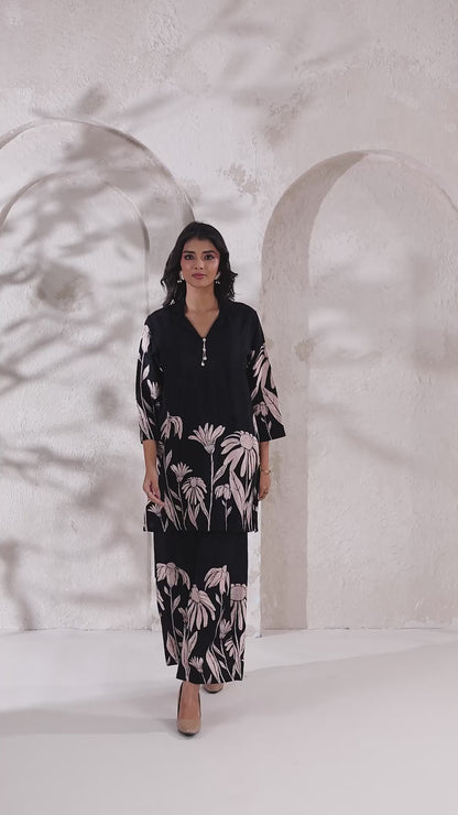 Black Floral Russian Silk Co-Ord Set