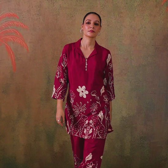 Maroon Printed Russian Silk Co-Ord Set for Women
