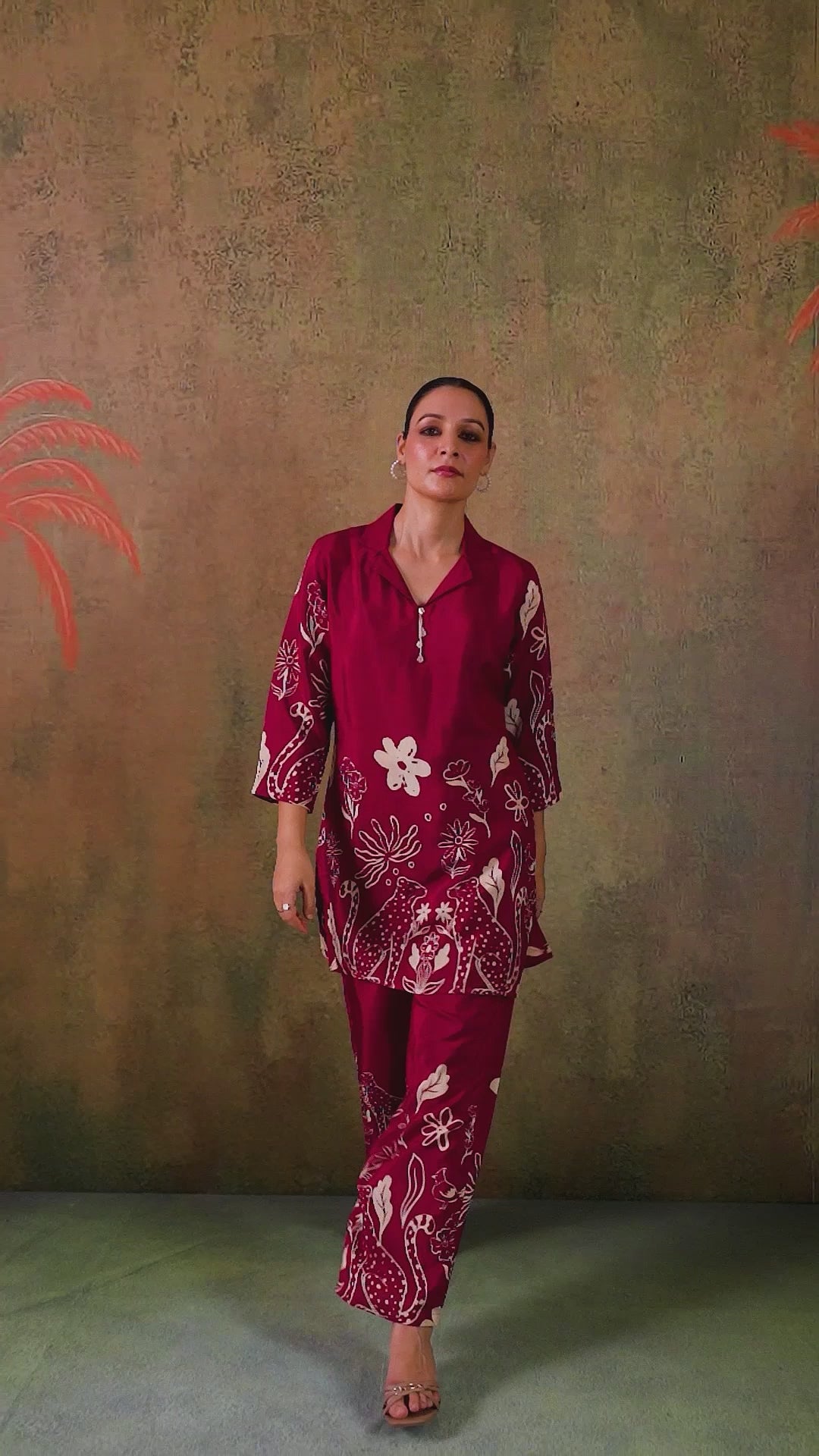 Maroon Printed Russian Silk Co-Ord Set for Women