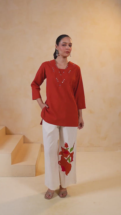 Rust Cotton Flex Floral Print Co-Ord Set