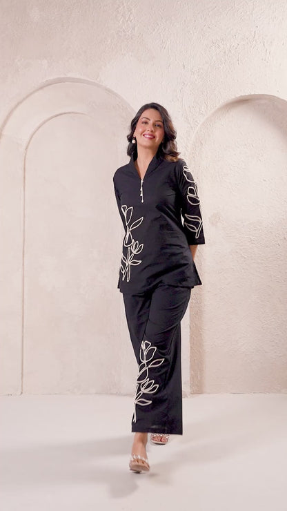 Black Printed Russian Silk Co-Ord Set for Women