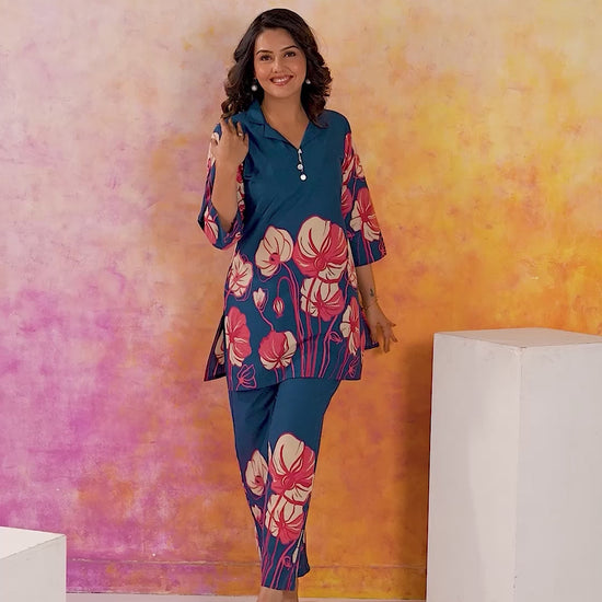 Navy Printed Russian Silk Co-Ord Set for Women