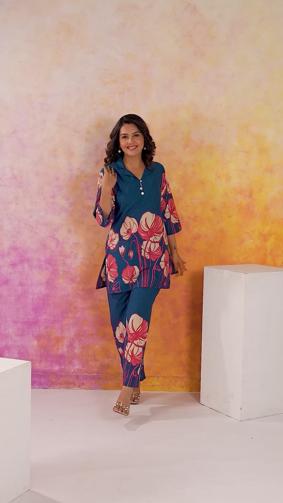 Navy Printed Russian Silk Co-Ord Set for Women