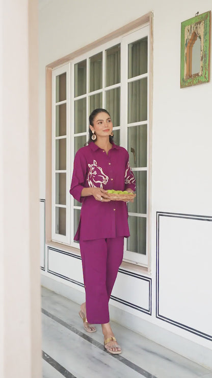 Wine Animal Print Cotton Flex Co Ord Set